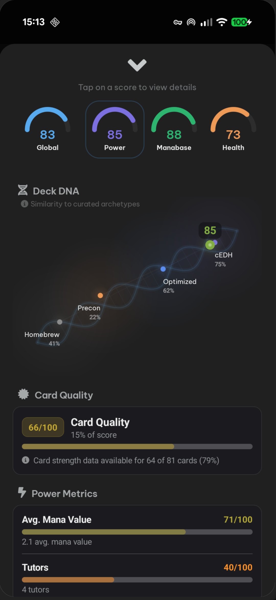 Power level details with Deck DNA and power metrics