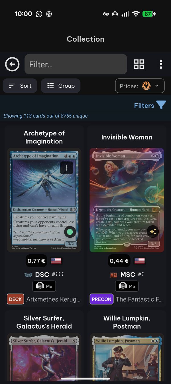 Collection browser showing which cards are in decks