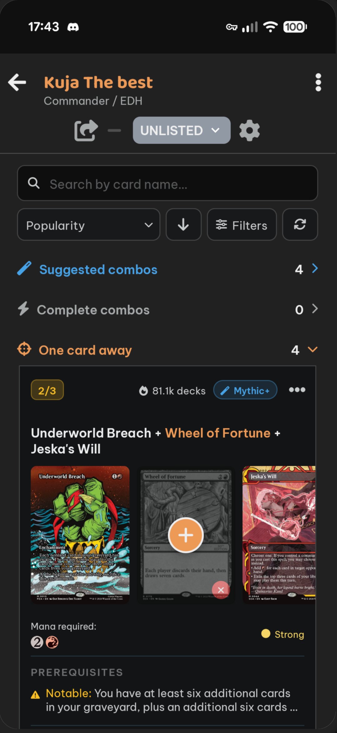 Combo detection in a Commander deck