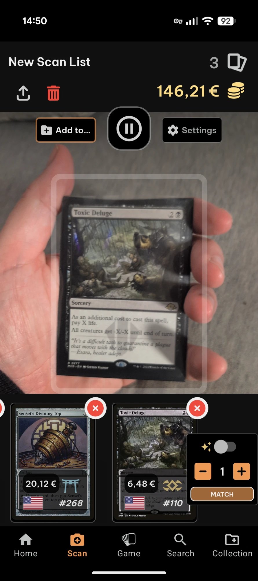 Scanning a card held in the hand, with a collection match and running total
